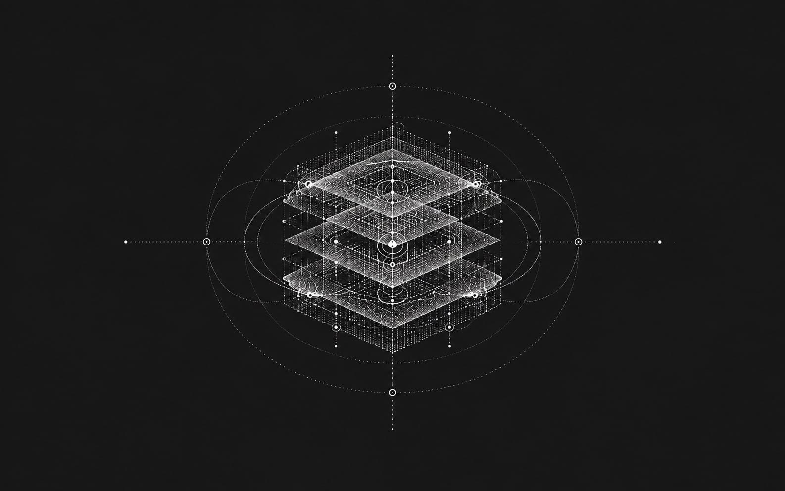 An exploded stack of luminous infrastructure layers surrounded by orbital connection paths on a dark background.