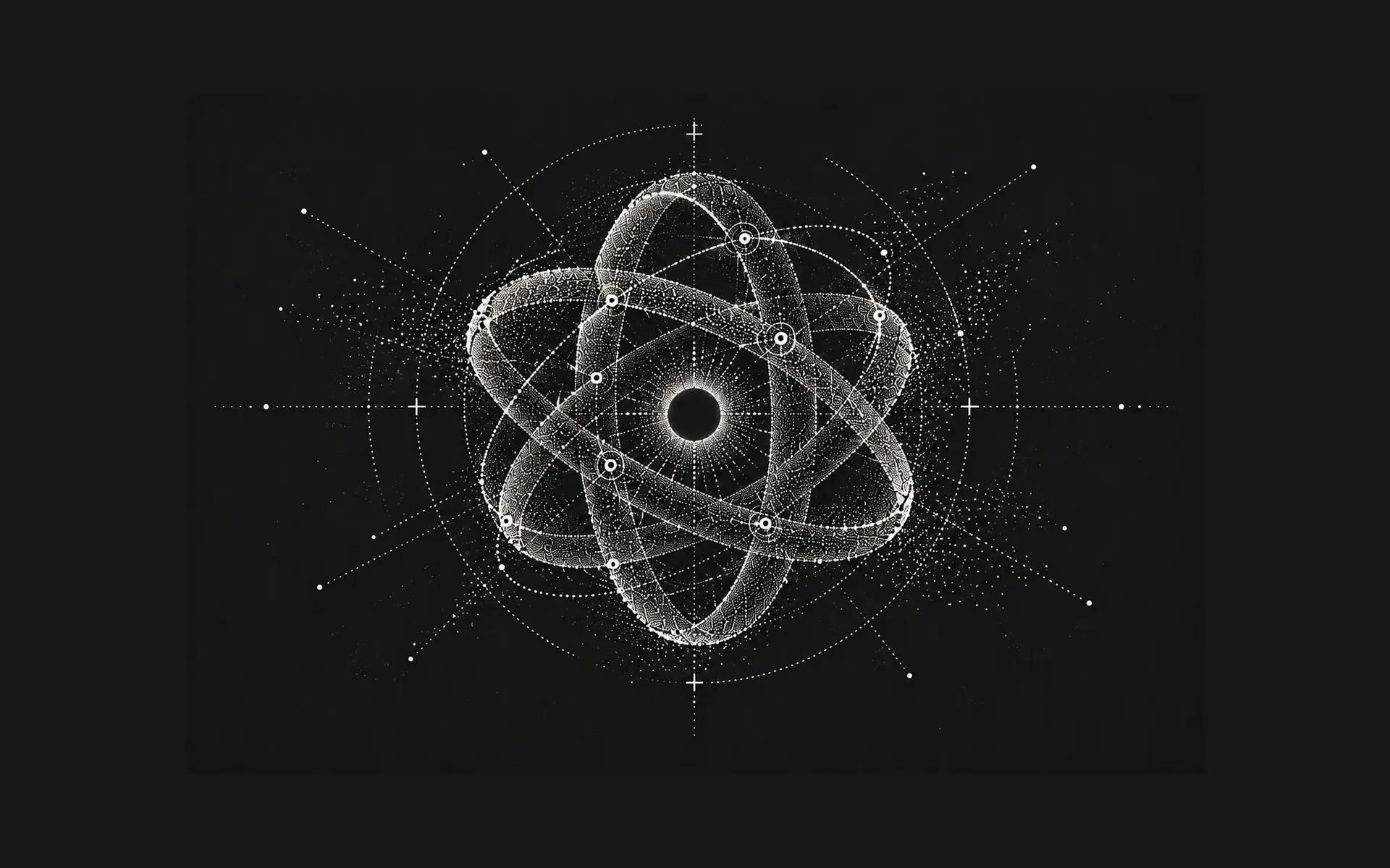 A monochrome particle-built security lattice surrounded by orbital paths, representing SOC 2 Type II compliance.