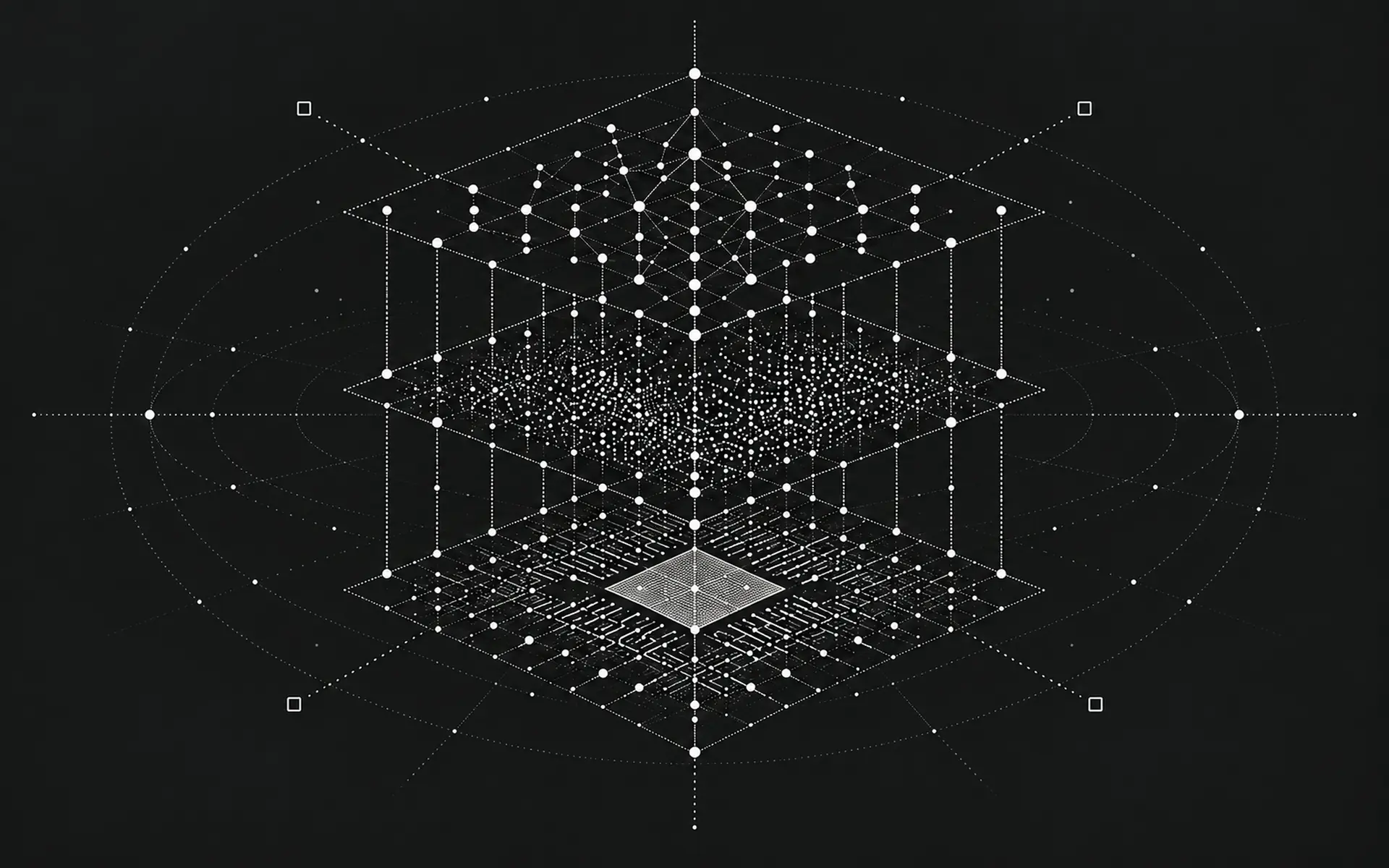A luminous three-dimensional lattice of connected nodes over a dark grid, visualizing Altara's transparent, glass-box AI architecture.